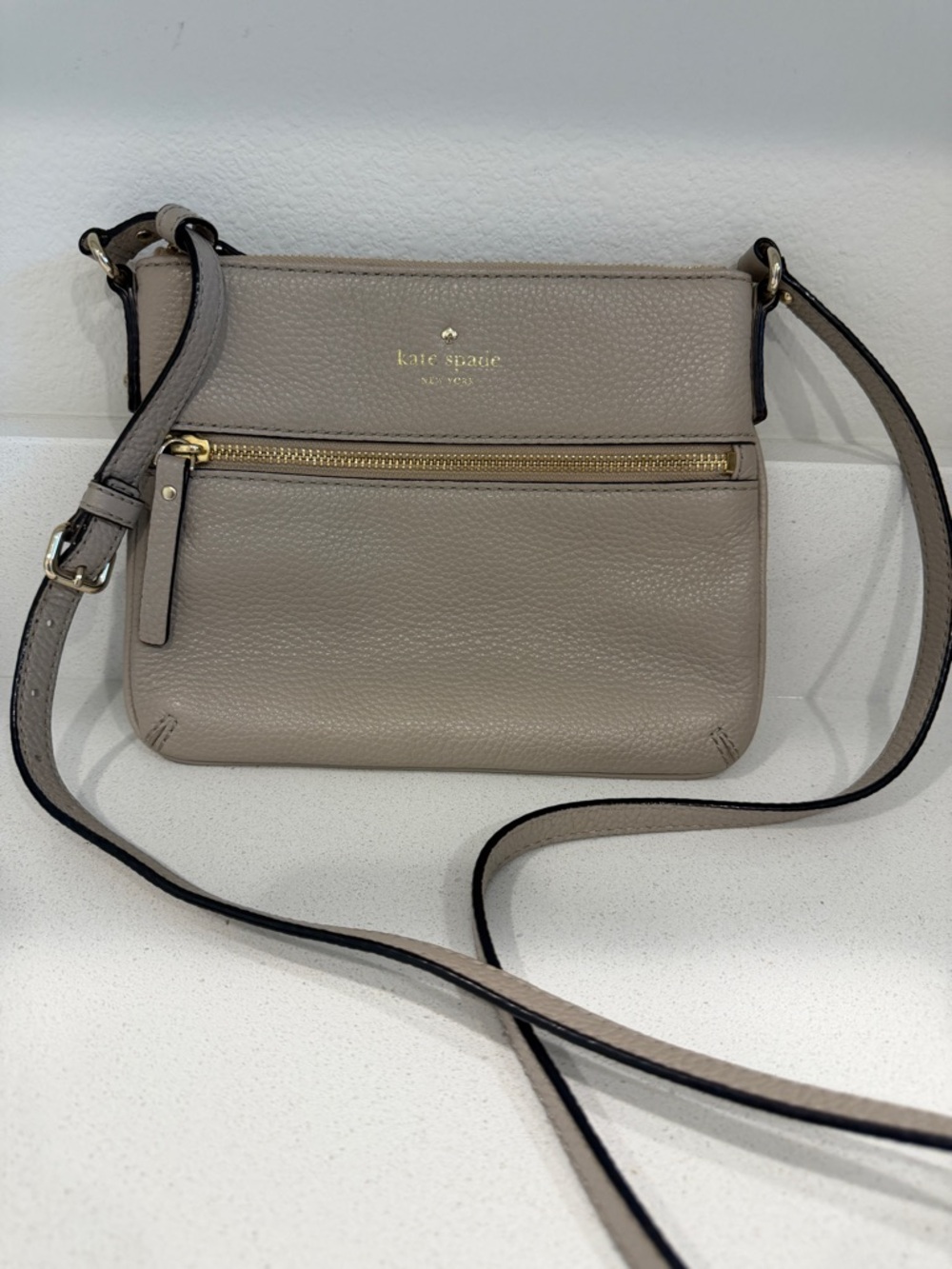 kate spade Pebbled Leather Crossbody in Taupe with Gold Hardware